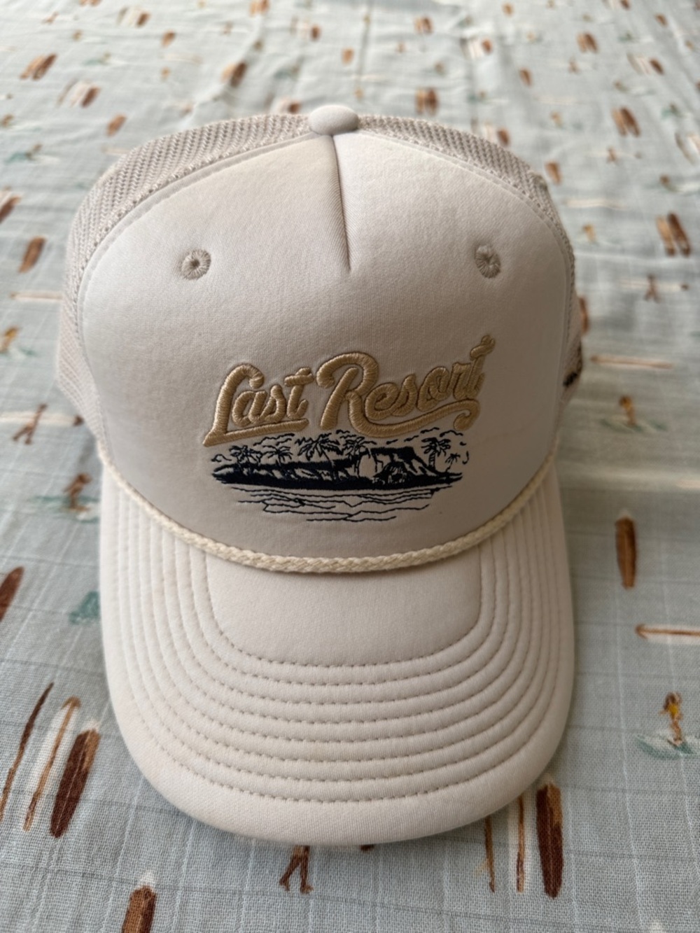 Hemlock Last Resort Cream Trucker Hat — Neutral Beach Logo